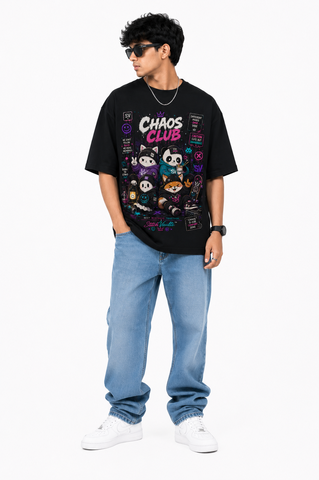 StitchVaults™ black oversized graphic T-shirt featuring the Chaos Club kawaii characters with neon purple graffiti artwork inspired by Japanese streetwear and urban fashion.