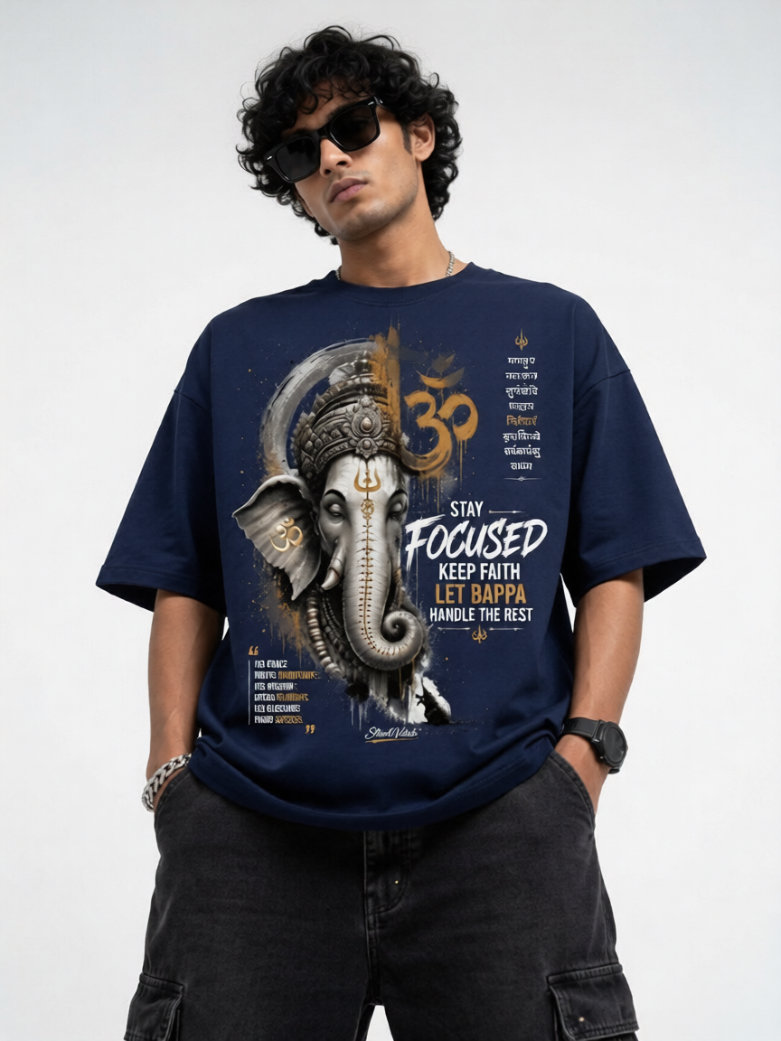 StitchVaults™ Stay Focused Ganpati Oversized Graphic T-Shirt
