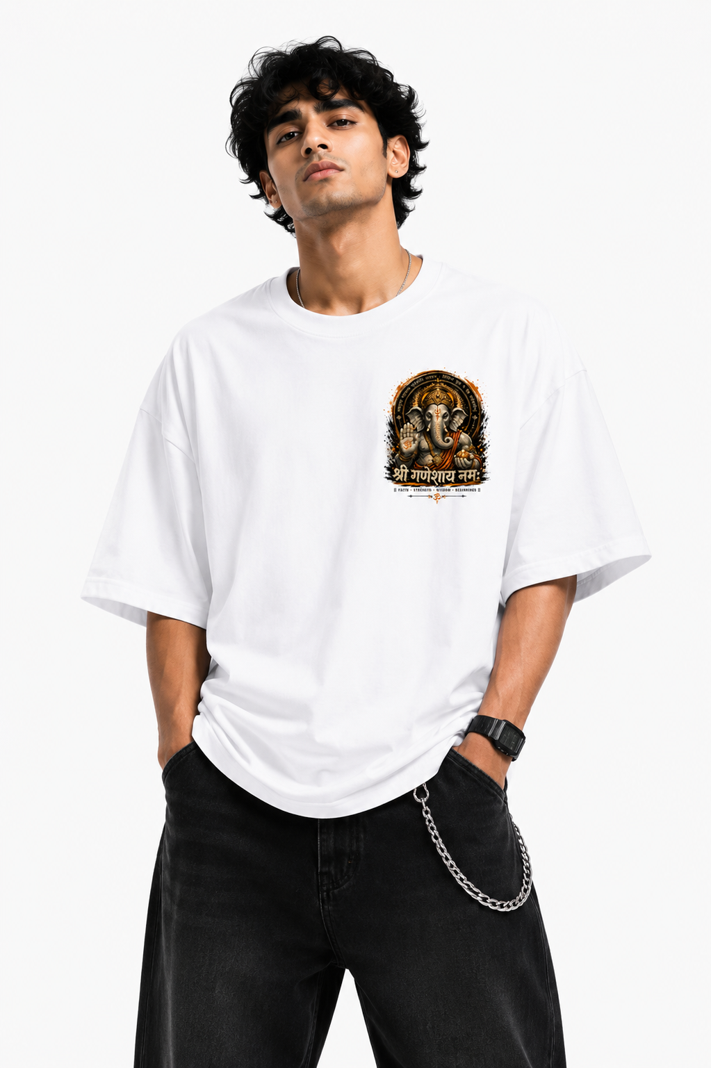 StitchVaults™ Ganpati Vighnaharta Oversized Graphic T-Shirt