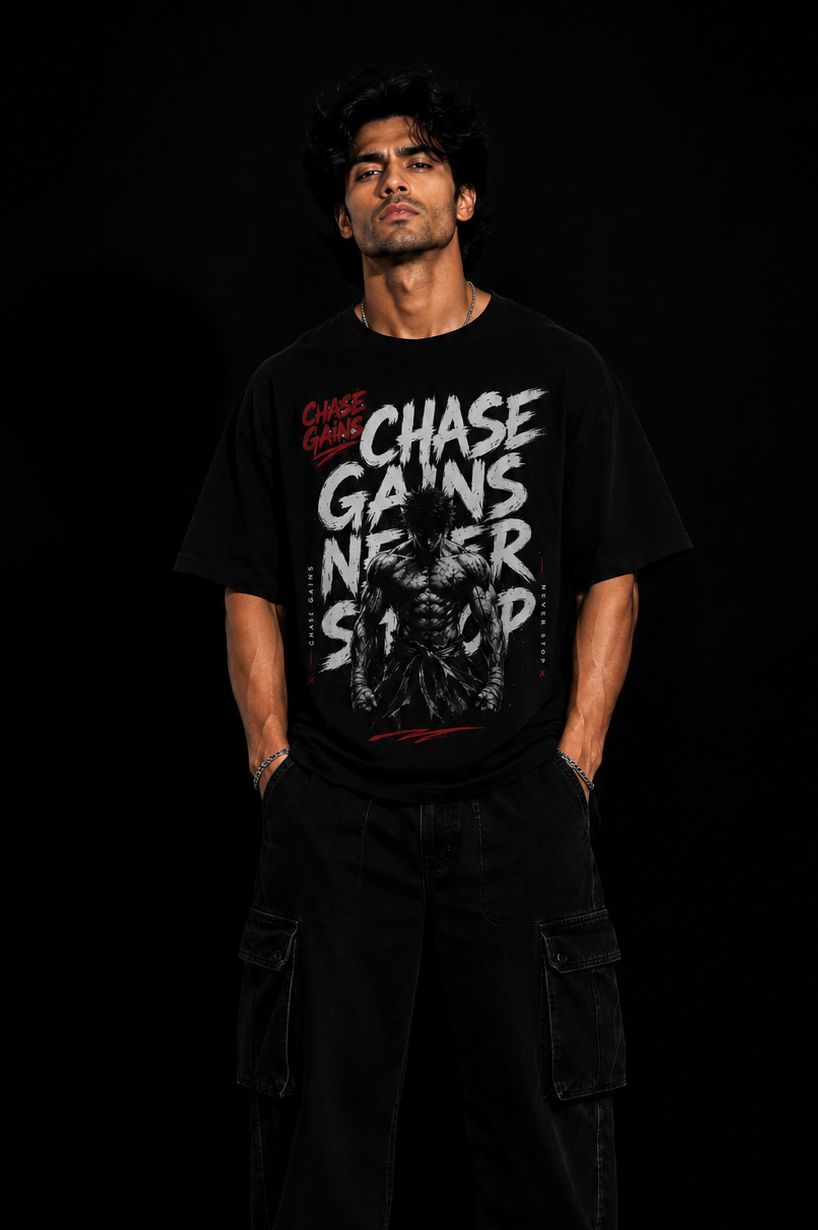 StitchVaults™ Chase Gains Never Stop Oversized Gym T-Shirt for Men