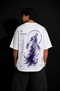 Person wearing a white t-shirt with a ghostfreak graphic design on the back against a black background