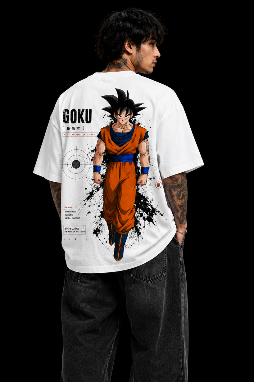 Person wearing a white t-shirt with a goku anime graphic design of a character and 'Goku' text on the back.