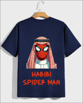 Graphic t-shirt featuring masked superhero inspired artwork with Middle Eastern headwear and Habibi text on navy cotton fabric