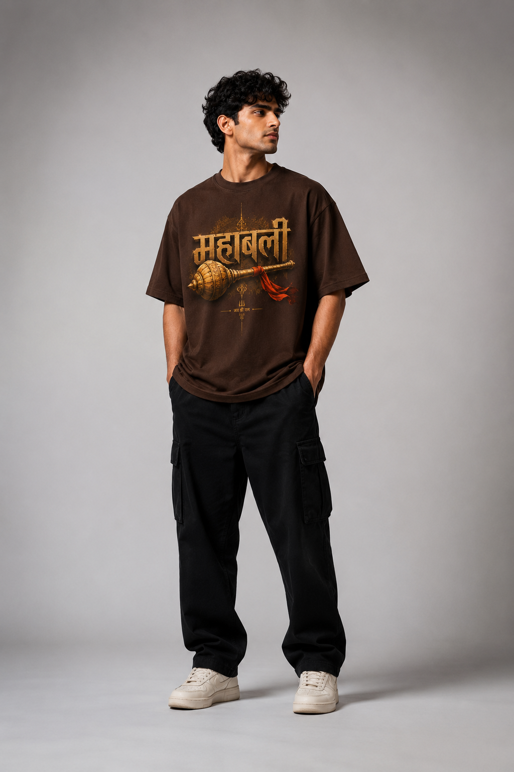 Man wearing a brown t-shirt with hanuman text and graphics on a gray background