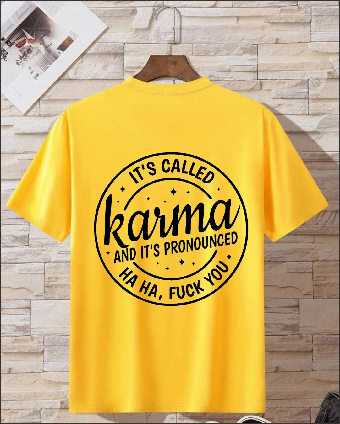 t-shirt Yellow karma funny graphic t-shirt with sarcastic quote printed on back
