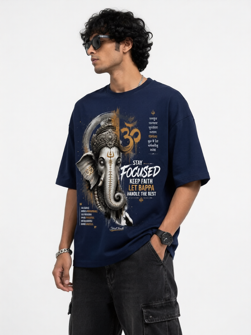 StitchVaults™ Stay Focused Ganpati Oversized Graphic T-Shirt