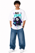 Black oversized premium cotton T-shirt featuring a cute friendly ghost holding a glowing lantern with vibrant neon graffiti artwork, positive messages, purple-blue accents, and bold "NO FEAR" typography from the StitchVaults™ NOSTALGIA™ Collection.
