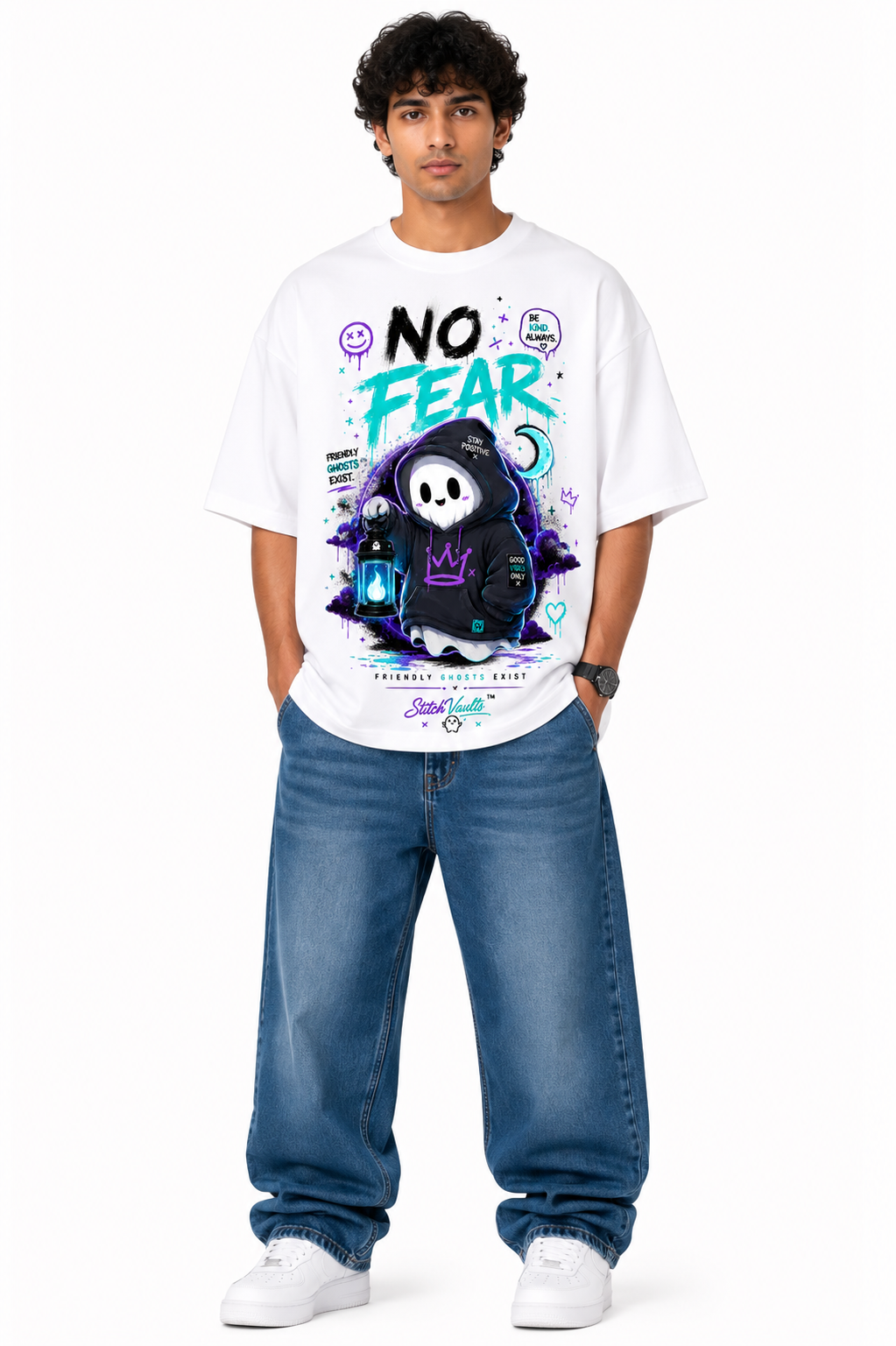 Black oversized premium cotton T-shirt featuring a cute friendly ghost holding a glowing lantern with vibrant neon graffiti artwork, positive messages, purple-blue accents, and bold "NO FEAR" typography from the StitchVaults™ NOSTALGIA™ Collection.