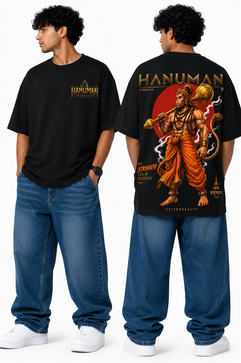 StitchVaults™ Hanuman – My Strength Lies in Devotion Oversized Graphic T-Shirt | HANUMAN LEGACY™ Collection
