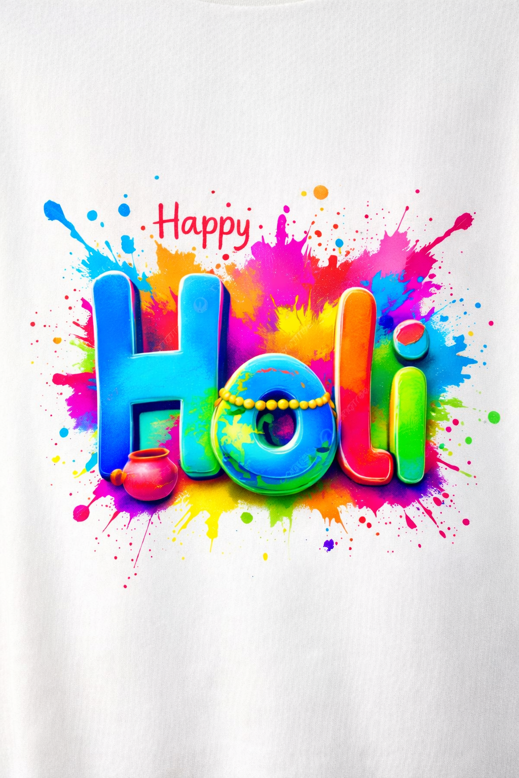 Happy Holi 3D Color Splash Printed White T-Shirt – Premium Festive Edition