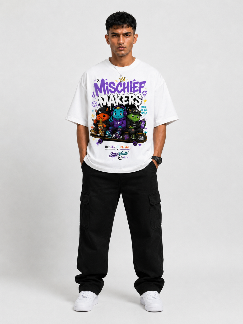 StitchVaults™ Mischief Makers Oversized Graphic T-Shirt – NOSTALGIA™ Collection | Premium Cotton