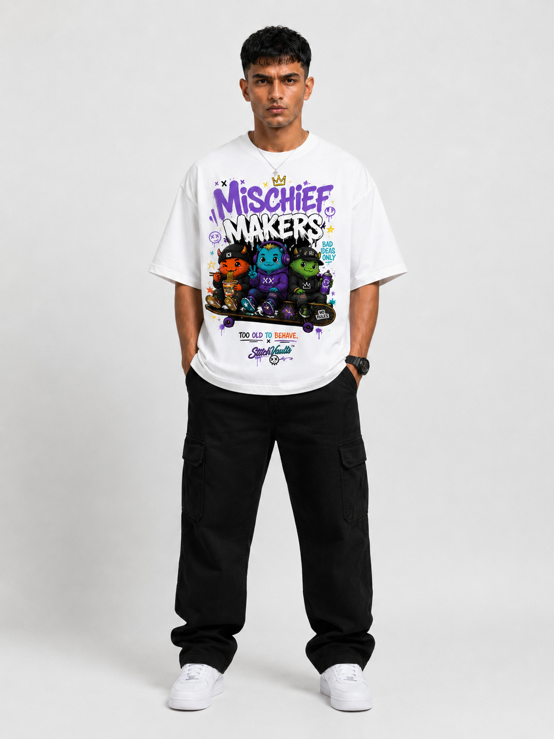 StitchVaults™ Mischief Makers Oversized Graphic T-Shirt – NOSTALGIA™ Collection | Premium Cotton