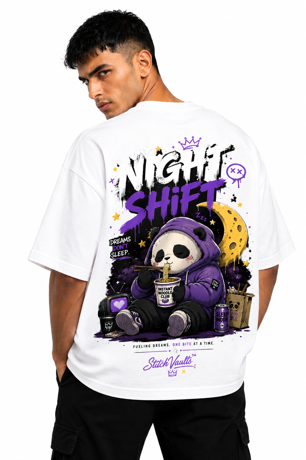 White oversized graphic T-shirt from the StitchVaults™ NOSTALGIA™ Collection featuring the Night Shift panda artwork inspired by late-night gaming, anime culture, instant noodles, and nostalgic midnight adventures.