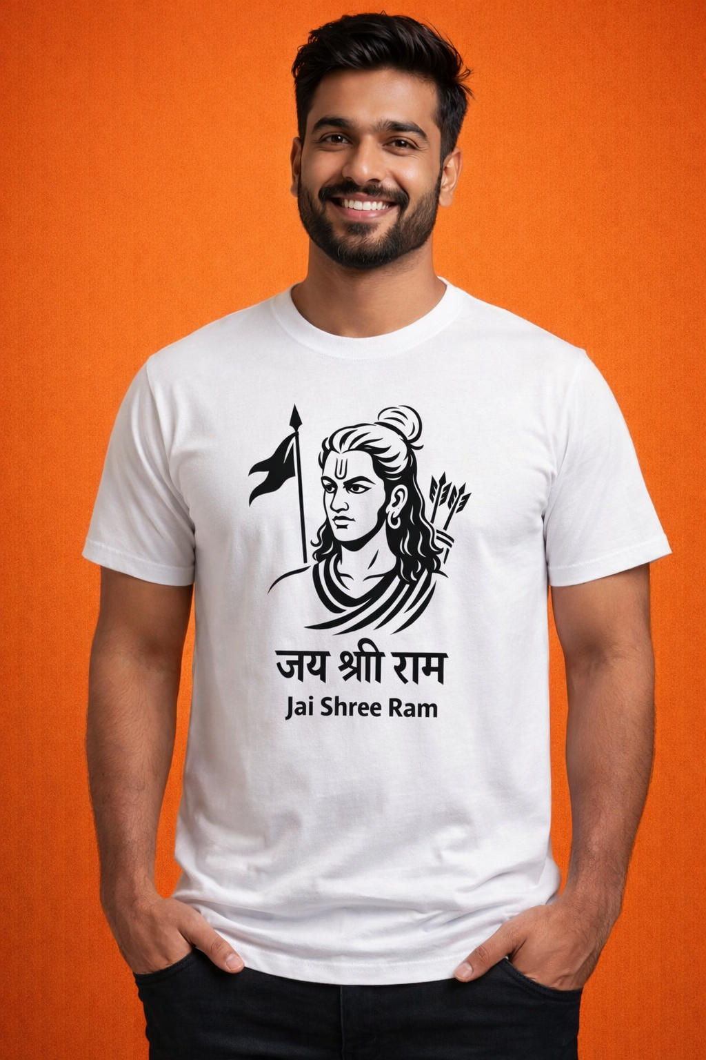 Smiling man wearing a white t-shirt featuring a black line-art illustration of Lord Ram with a bow and "Jai Shree Ram" text.