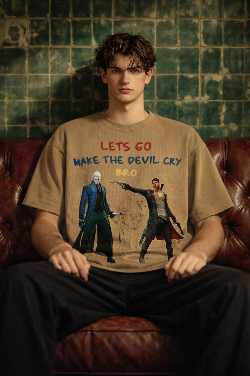 Tan t-shirt with two gaming characters and the text "LETS GO MAKE THE DEVIL CRY BRO" in red, blue, and yellow font.