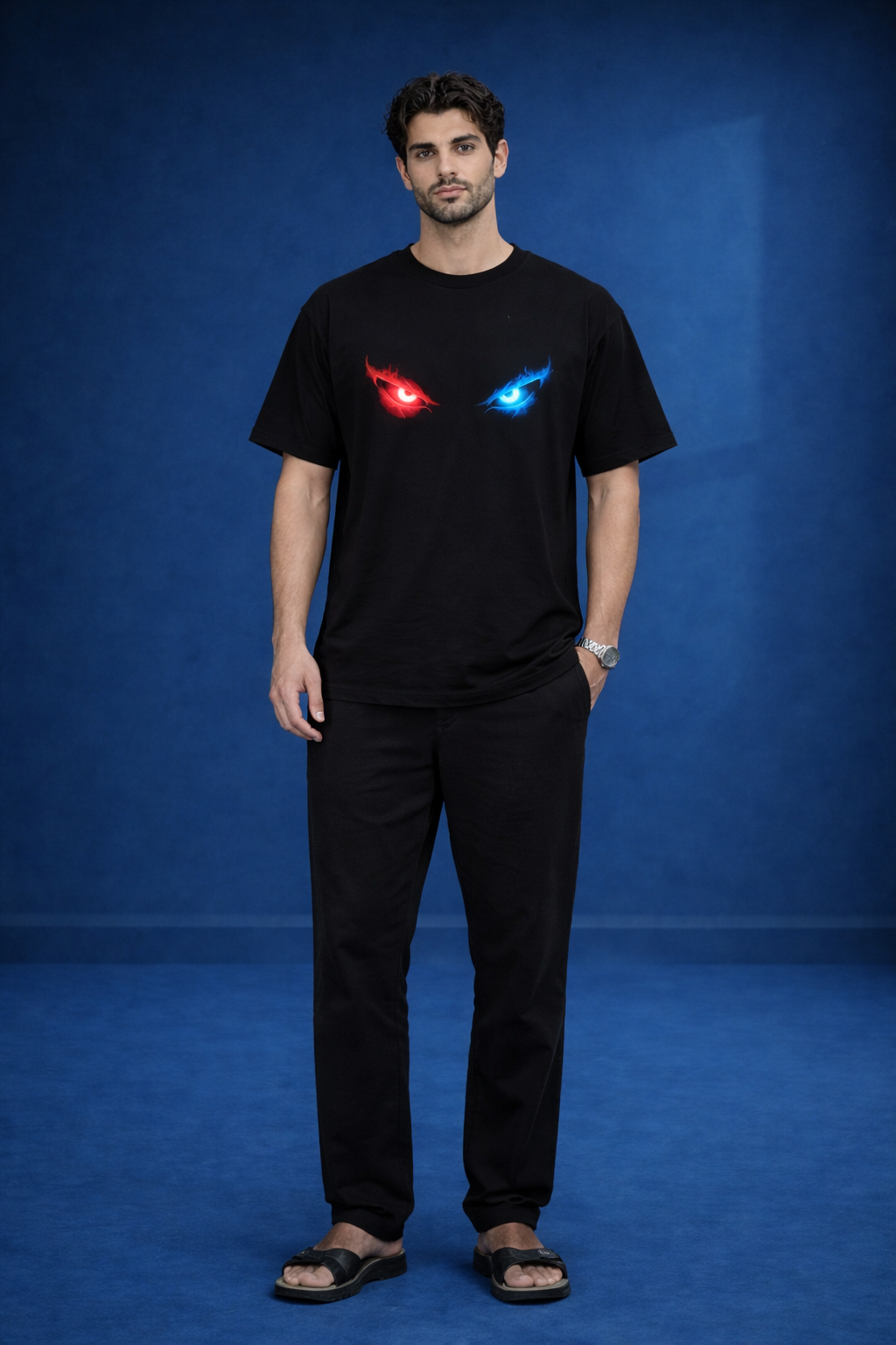 Dual Flame Eyes Graphic T-Shirt – Red Blue Neon Streetwear Tee
