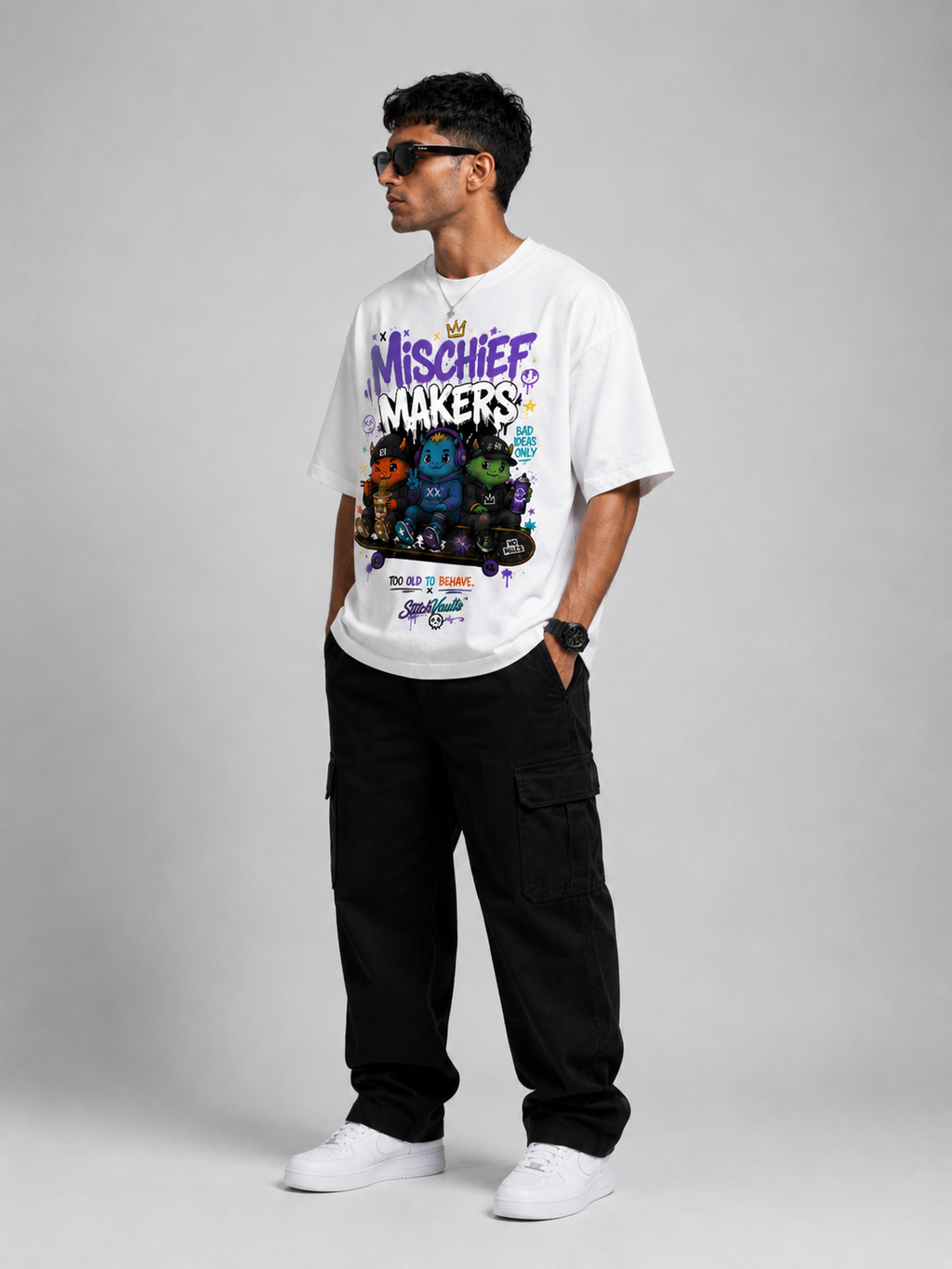 StitchVaults™ Mischief Makers Oversized Graphic T-Shirt – NOSTALGIA™ Collection | Premium Cotton