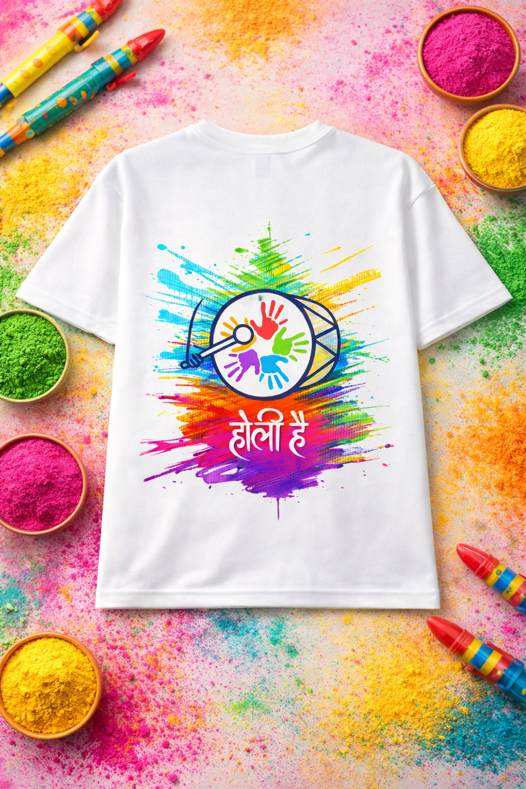 Holi Hai Color Splash Printed White T-Shirt - Premium Festive Wear - Unisex Casual Tee