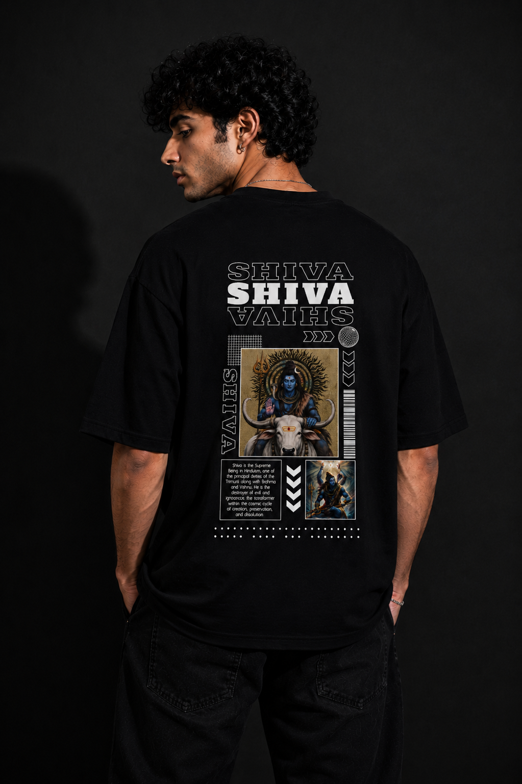 Person wearing a black t-shirt with 'Shiva' design on the back against a dark background