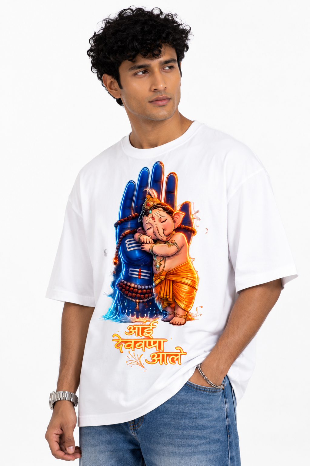 StitchVaults™ Aai Devbappa Aale Oversized Graphic T-Shirt – GANESHA LEGACY™ Collection | Premium Heavyweight Cotton