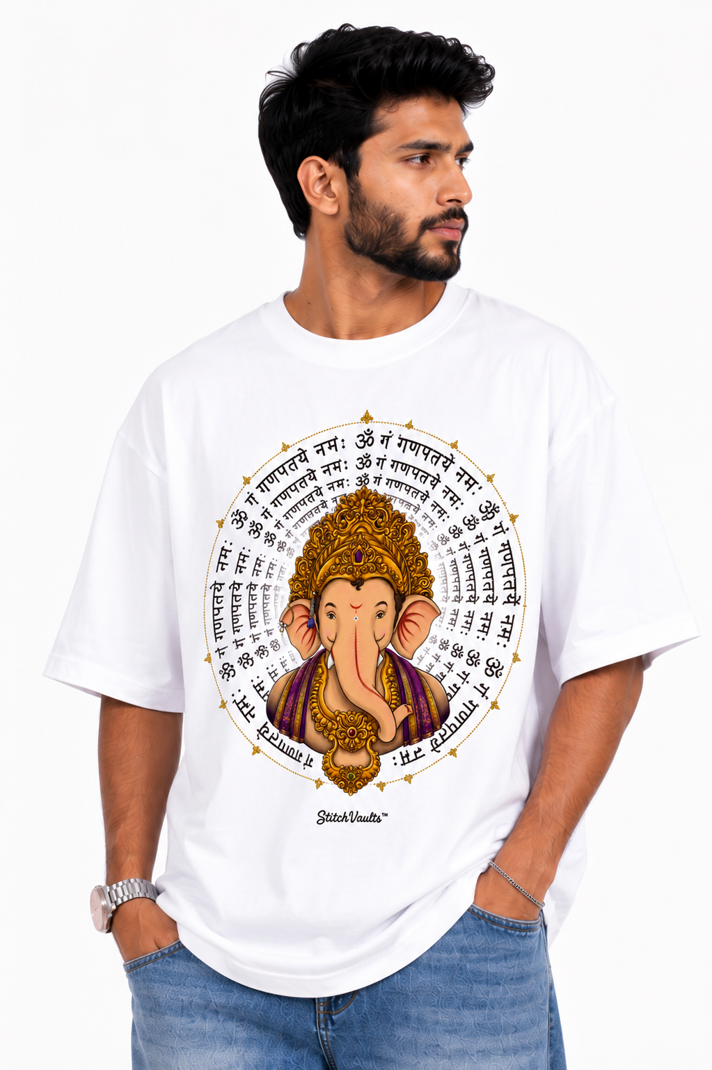 StitchVaults™ Om Gam Ganapataye Namah Oversized Graphic T-Shirt – GANESHA LEGACY™ Collection | Premium Heavyweight Cotton