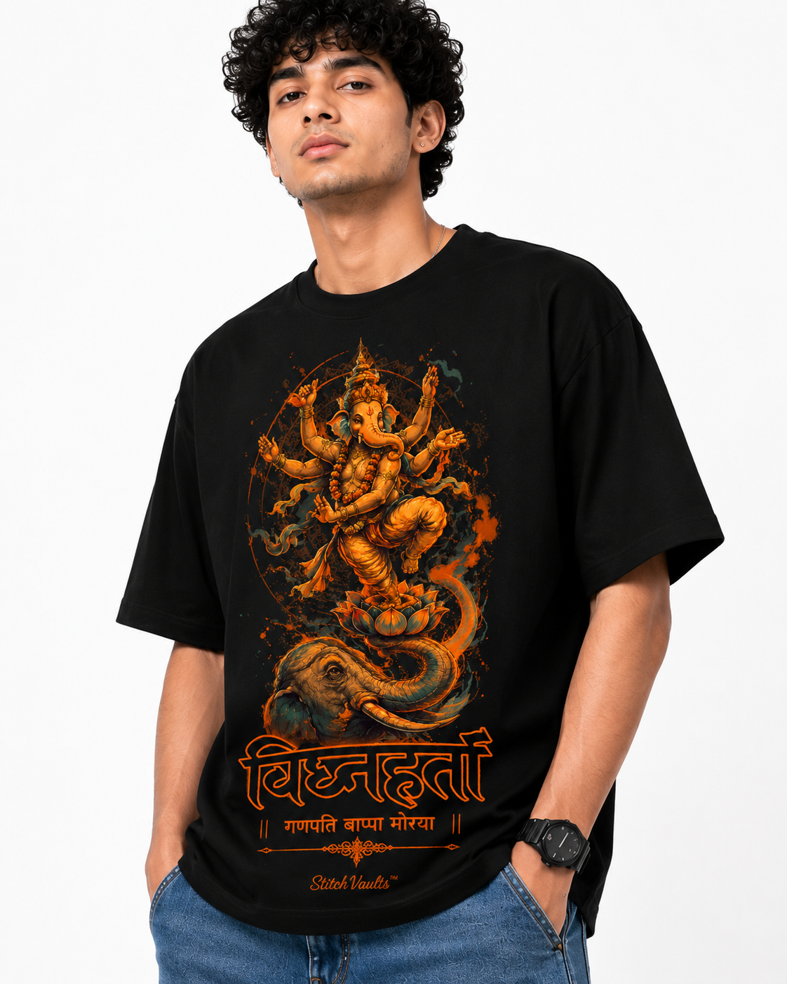 StitchVaults™ Vighnaharta Ganpati Morya Oversized Graphic T-Shirt – GANESHA LEGACY™ Collection | Premium Cotton