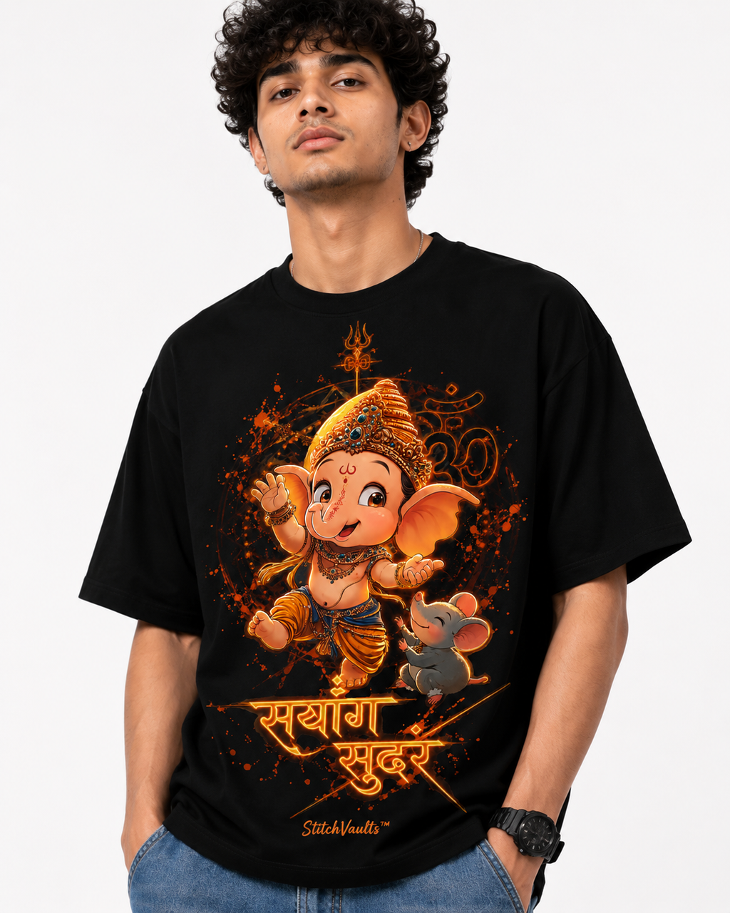 StitchVaults™ Saranga Sundara Baby Ganesha Oversized Graphic T-Shirt – GANESHA LEGACY™ Collection | Premium Cotton