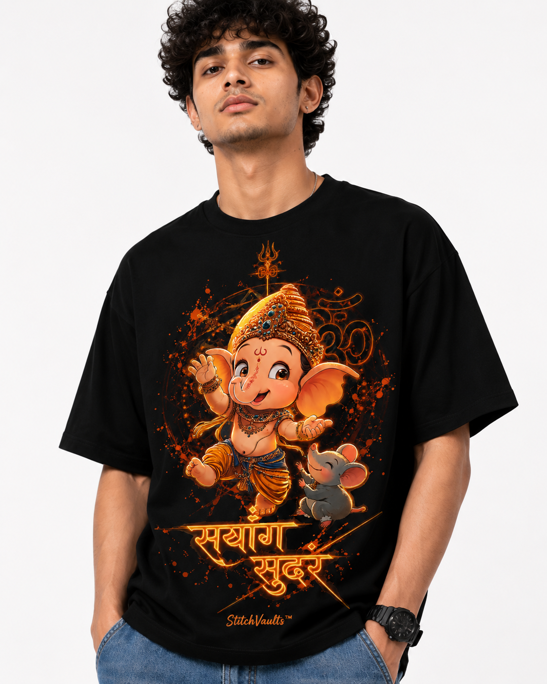 StitchVaults™ Saranga Sundara Baby Ganesha Oversized Graphic T-Shirt – GANESHA LEGACY™ Collection | Premium Cotton