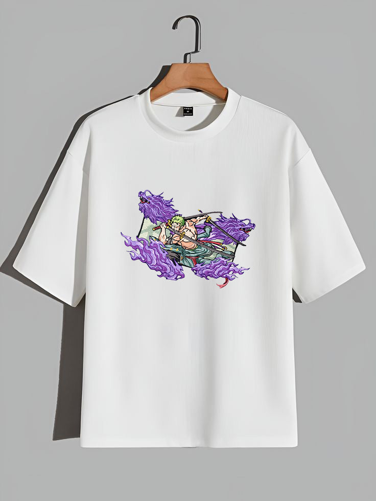 White oversized t-shirt with anime swordsman and purple dragon graphic printed on the front